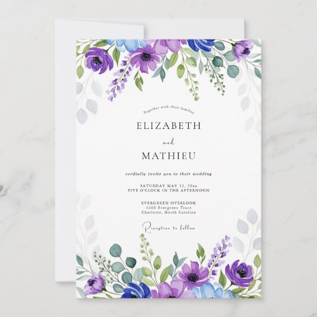 Invitación Purple Blue Ethereal Botanical Wedding (Anverso)