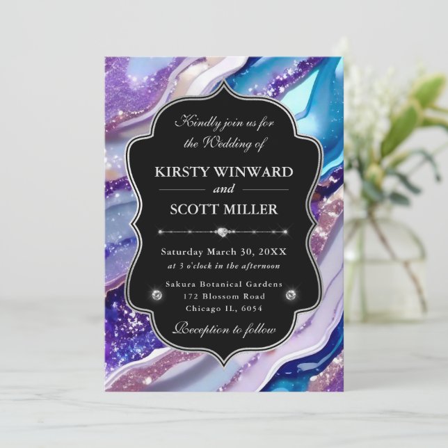 Invitación Purple Blue Glitter Marble Elegant Wedding (Anverso de pie)