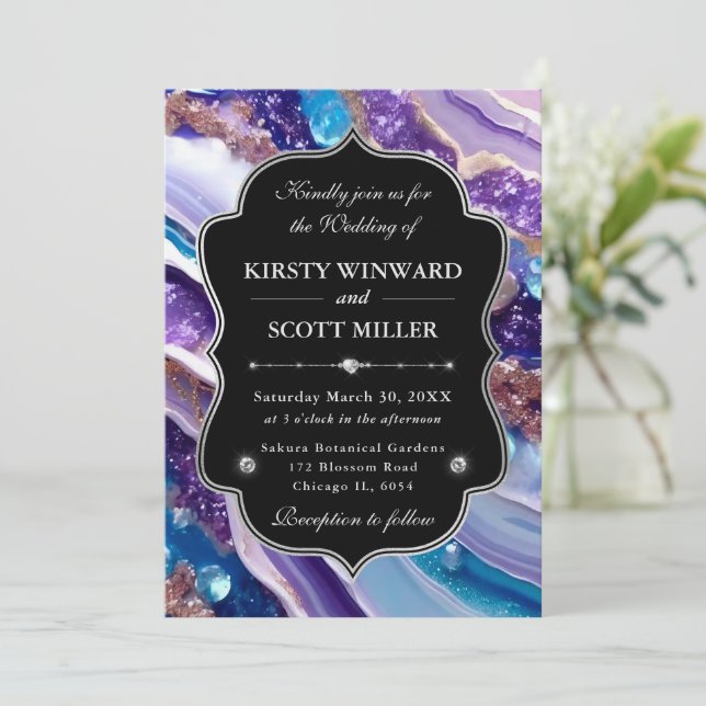 Invitación Purple Blue Glitter Marble Elegant Wedding (Anverso de pie)
