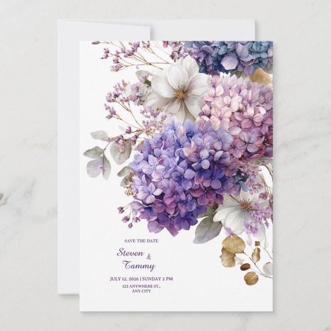 Invitación Purple Blue Hydrangea Gold Floral Watercolor (Anverso)