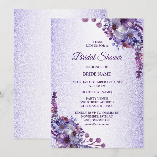Invitación Purple Blue Pink Floral Glitter Bridal Shower (Anverso / Reverso)