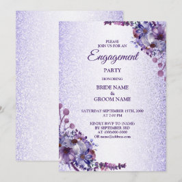 Invitación Purple Blue Pink Floral Glitter Engagement Party