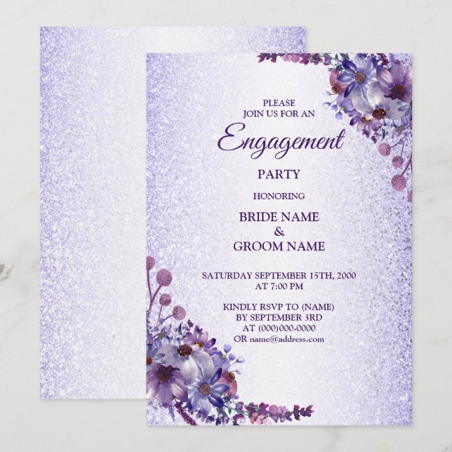 Invitación Purple Blue Pink Floral Glitter Engagement Party (Anverso / Reverso)