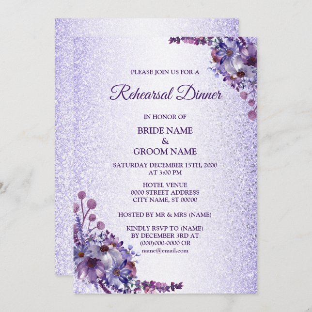 Invitación Purple Blue Pink Floral Glitter Rehearsal Dinner (Anverso / Reverso)