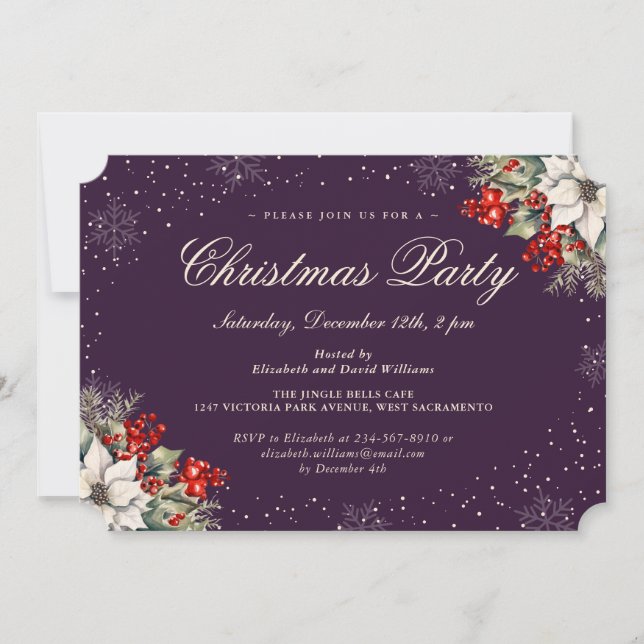 Invitación Purple Botanical Snowflake Christmas Holiday Party (Anverso)