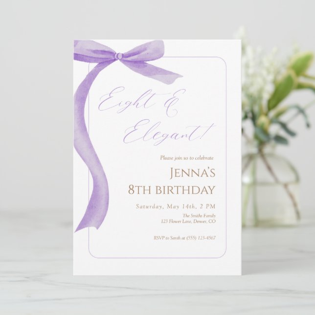 Invitación Purple Bow 8th Birthday Invitation  (Anverso de pie)