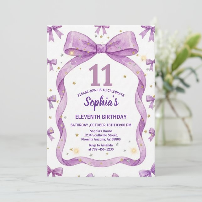 Invitación Purple Bow Birthday Invite, Girls 11th Birthday  (Anverso de pie)