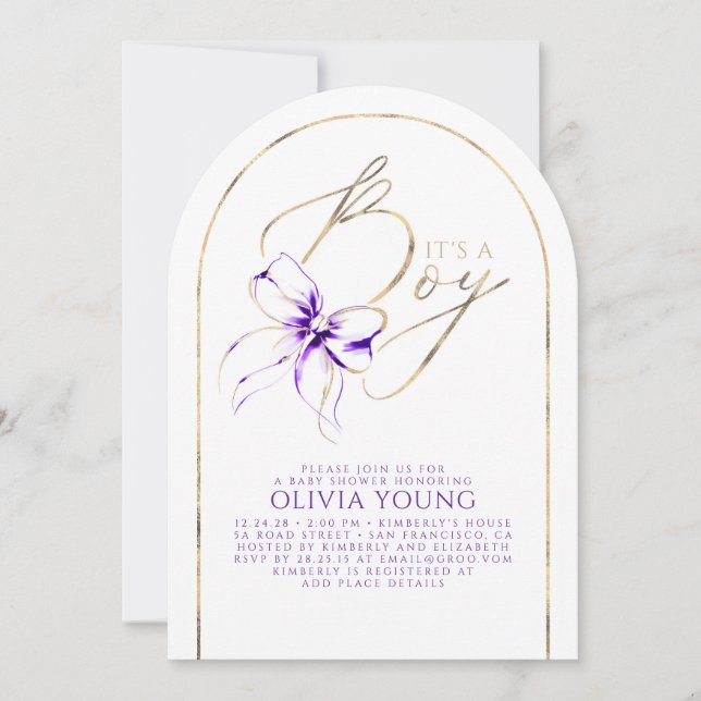 Invitación Purple Bow Elegant Modern Baby Shower Boy (Anverso)