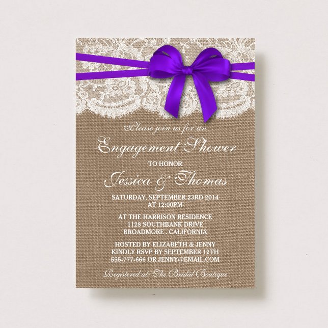Invitación Purple Bow Rustic Burlap & Lace Engower (Subido por el creador)