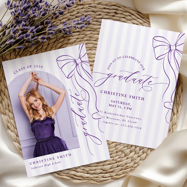 Invitación Purple Bow Stripes Graduate Photo Invitation (Subido por el creador)