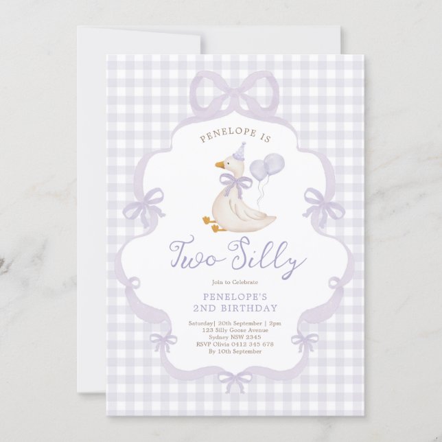 Invitación Purple Bow Two Silly Goose 2nd Birthday (Anverso)