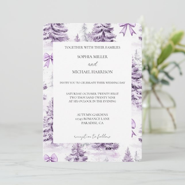 Invitación Purple Bows Christmas Trees Wedding (Anverso de pie)