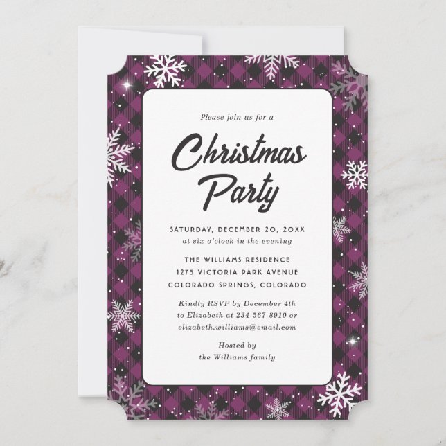 Invitación Purple Buffalo Plaid Snowflake Christmas Party (Anverso)