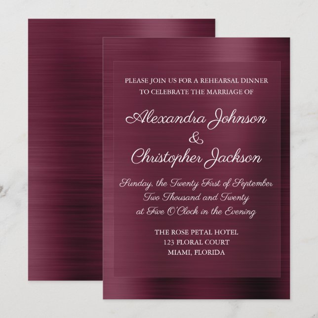 Invitación Purple Burgundy Elegal Ensayo Cena (Anverso / Reverso)