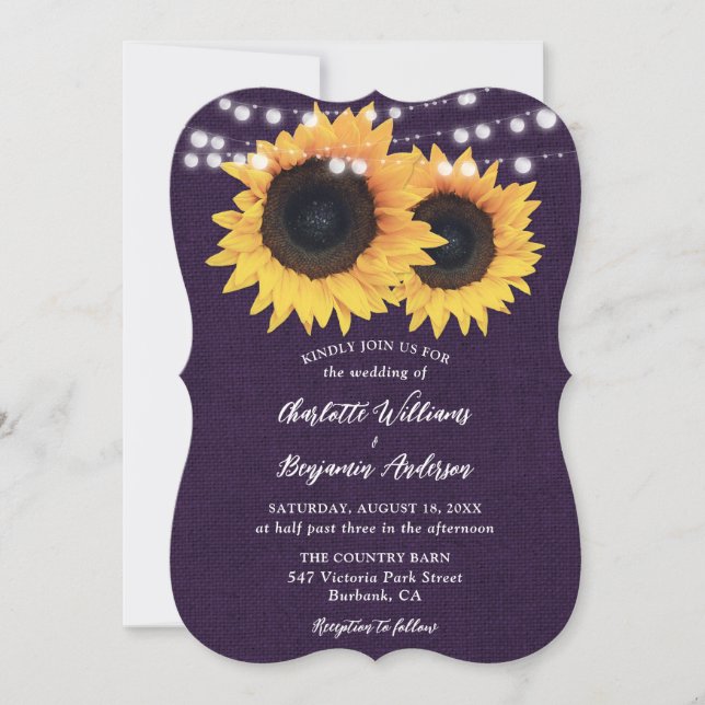 Invitación Purple Burlap String ilumina el Boda del girasol (Anverso)