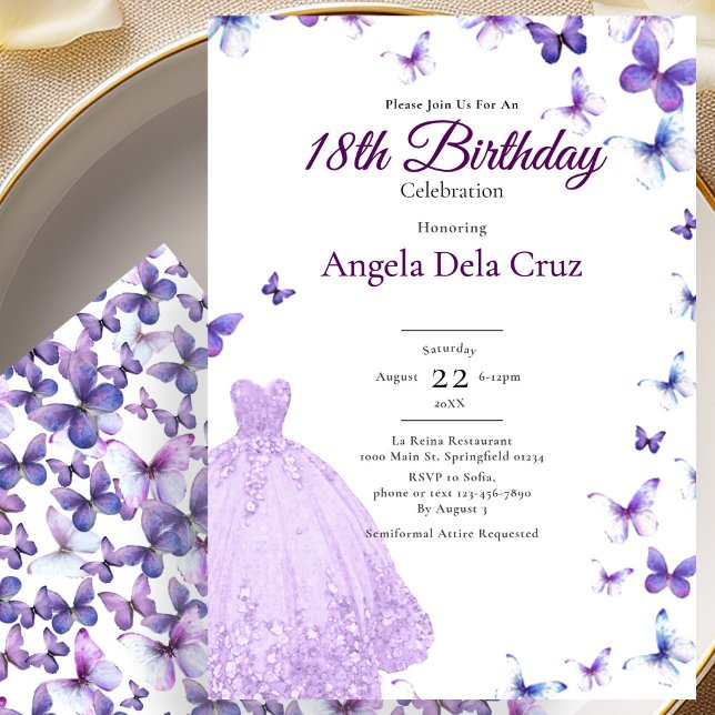 Invitación Purple Butterflies And Dress 18th Birthday Debut (Subido por el creador)