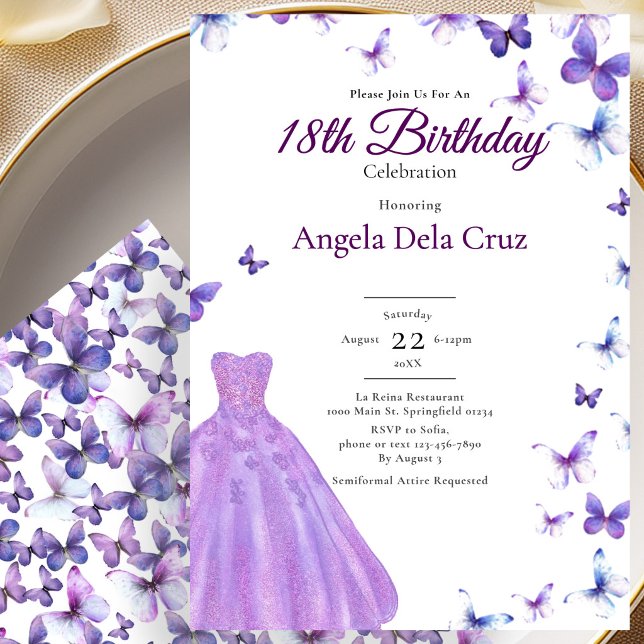 Invitación Purple Butterflies And Dress 18th Birthday Debut (Subido por el creador)