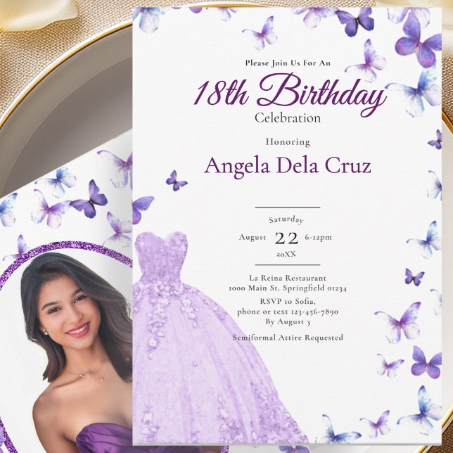 Invitación Purple Butterflies And Dress 18th Birthday Debut (Subido por el creador)