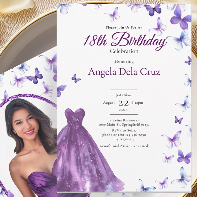 Invitación Purple Butterflies And Dress 18th Birthday Debut (Subido por el creador)