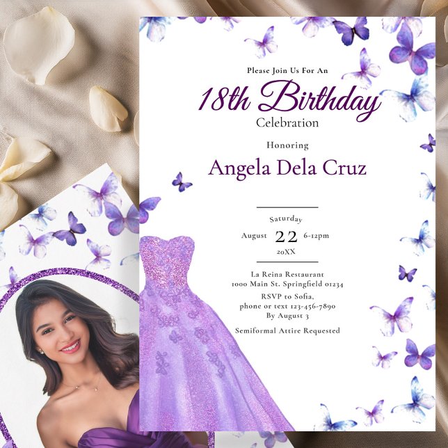 Invitación Purple Butterflies And Dress 18th Birthday Debut (Subido por el creador)