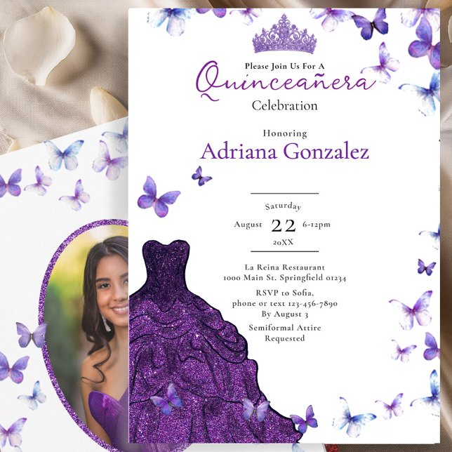 Invitación Purple Butterflies Dress Photo 15 XV Quinceanera (Subido por el creador)