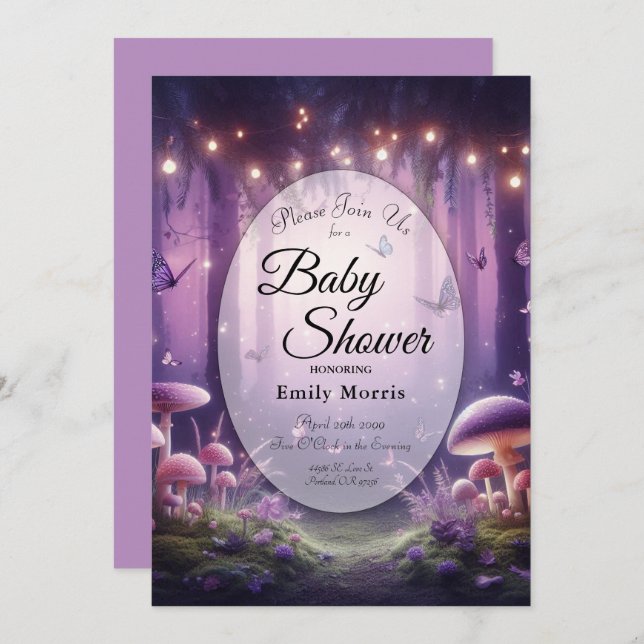 Invitación Purple Butterflies Starlit Skies Baby Shower (Anverso / Reverso)
