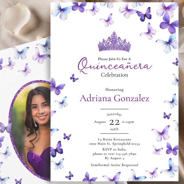 Invitación Purple Butterflies Tiara Photo 15 XV Quinceanera (Subido por el creador)