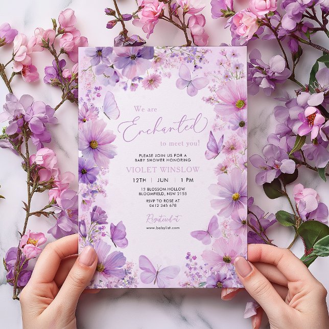 Invitación Purple Butterfly Floral Baby Shower Enchanted (Girl Baby Shower Invitation. Enchanted Purple Floral Butterfly)