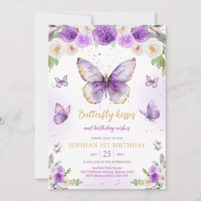 Invitación Purple Butterfly Floral Girl Birthday Invitation (Anverso)