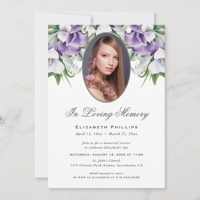 Invitación Purple Calla Lily Photo Funeral Memorial Service (Anverso)
