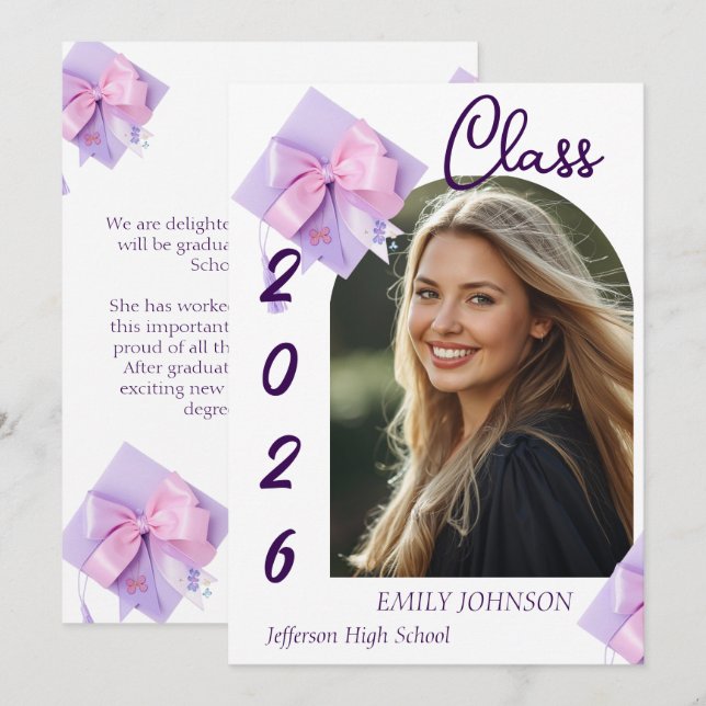 Invitación Purple Cap Photo Graduation Announcement  (Anverso / Reverso)