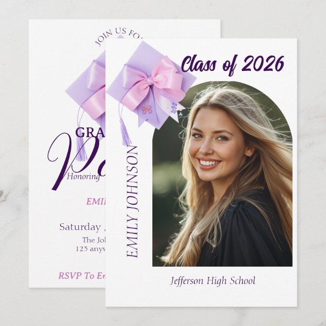 Invitación Purple Cap Photo Graduation Party Invitation (Anverso / Reverso)