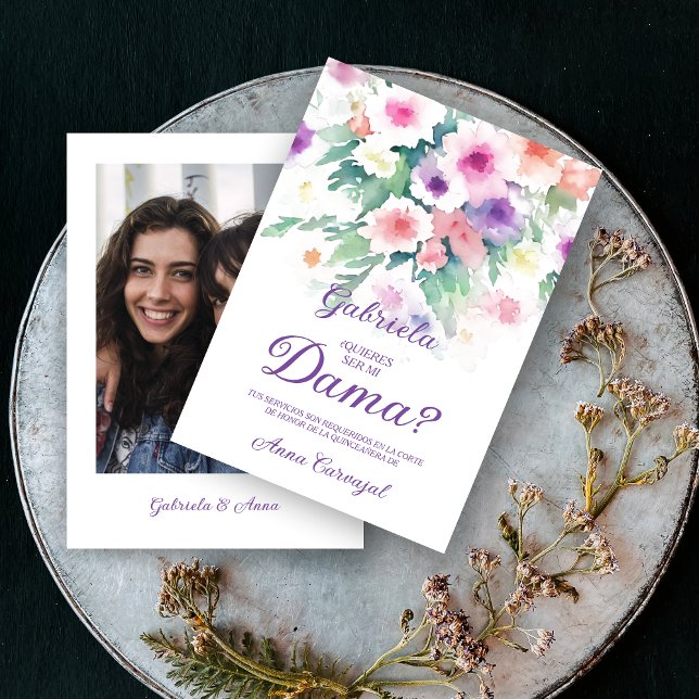 Invitación Purple Charming Delicate Wildflowers Quinceañera (Purple Spanish Charming Delicate Colorful Wildflowers Quinceañera Dama with Photo Proposal Card. )