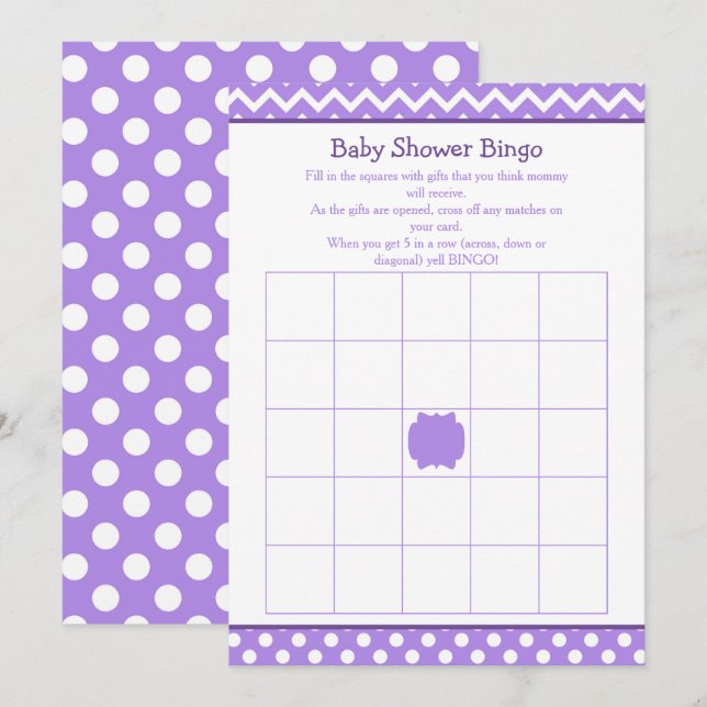 Invitación Purple Chevron y Polka Dot Baby Shower Bingo (Anverso / Reverso)