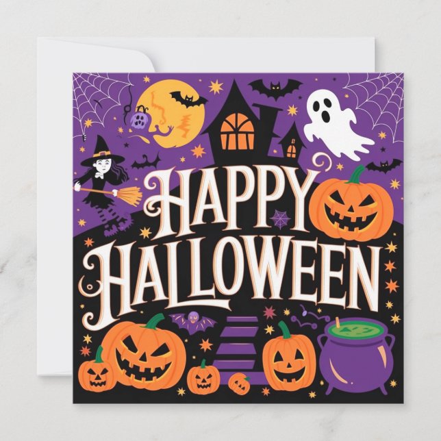 Invitación Purple cute happy halloween (Anverso)