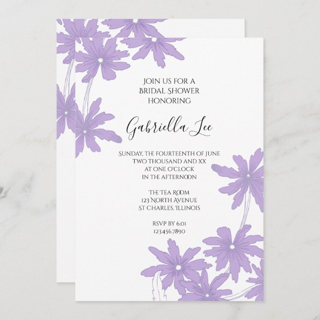 Invitación Purple Daisies Bridal Shower (Anverso / Reverso)