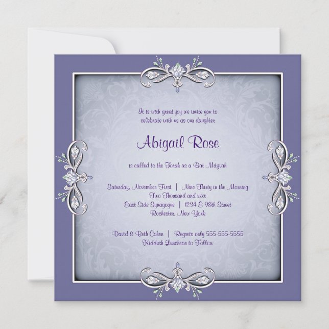 Invitación Purple Damask Bat Mitzvah (Anverso)