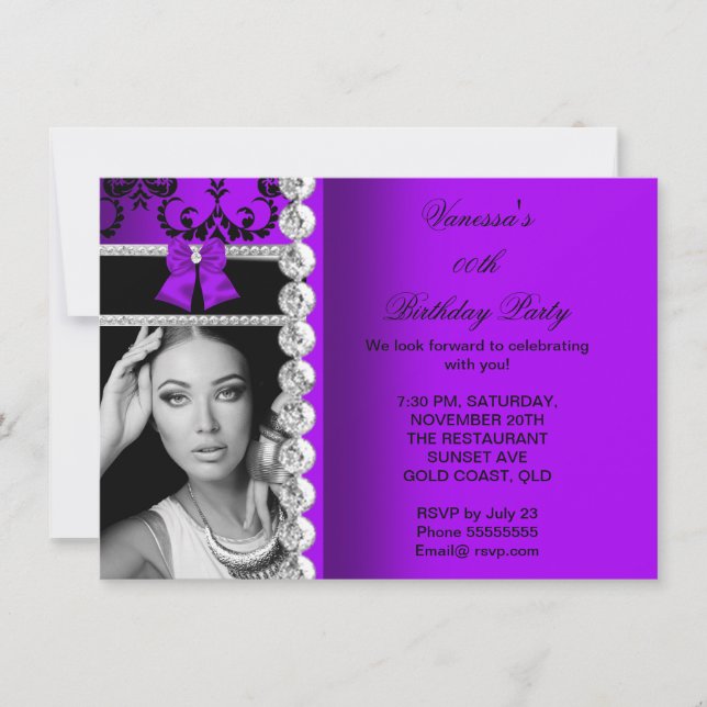 Invitación Purple Damask Black Jewel Bow foto de cumpleaños (Anverso)