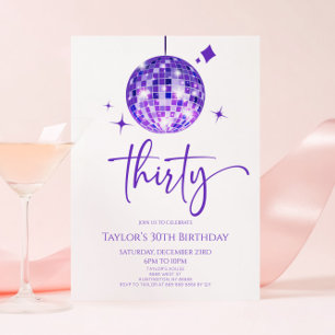 Invitación Purple Disco Ball Treinta y Treinta Fiesta de cump
