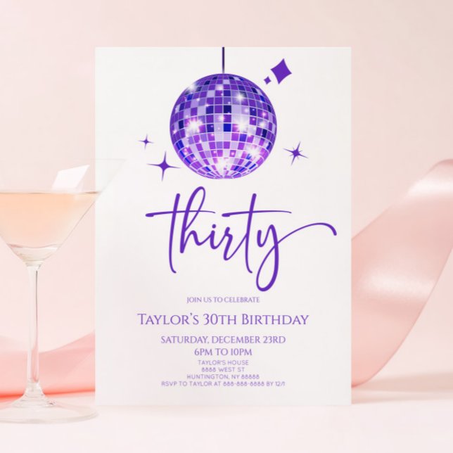Invitación Purple Disco Ball Treinta y Treinta Fiesta de cump (Subido por el creador)
