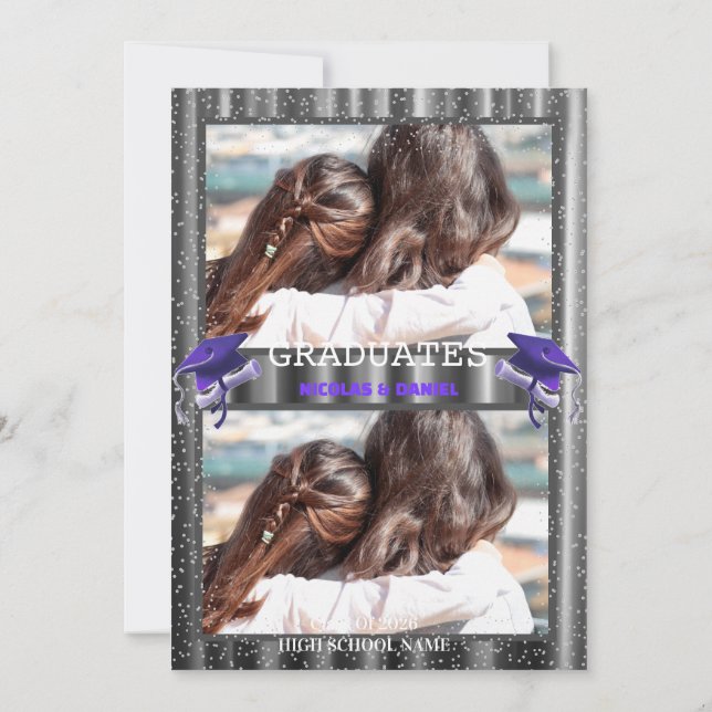 Invitación Purple double Celebration Graduation Party 2 photo (Reverso)