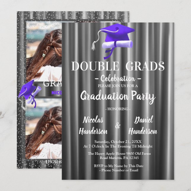 Invitación Purple double Celebration Graduation Party 2 photo (Anverso / Reverso)