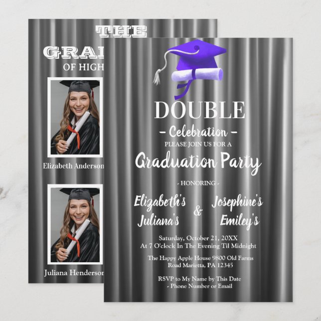 Invitación Purple double Celebration Graduation Party 4 photo (Anverso / Reverso)