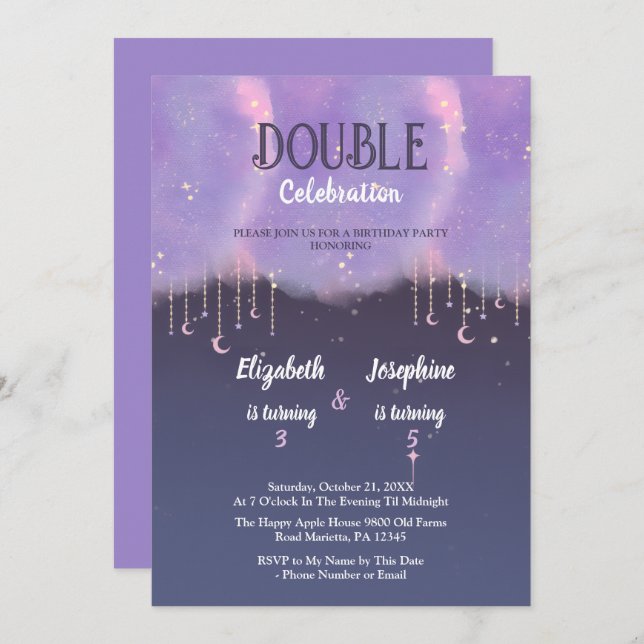 Invitación Purple Double joint Celebration Birthday For Girls (Anverso / Reverso)
