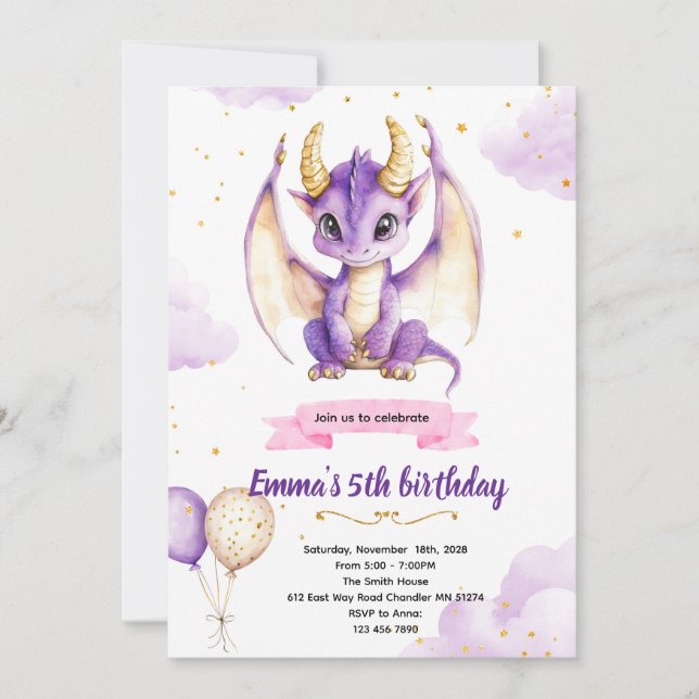 Invitación Purple dragon birthday party invitation (Anverso)