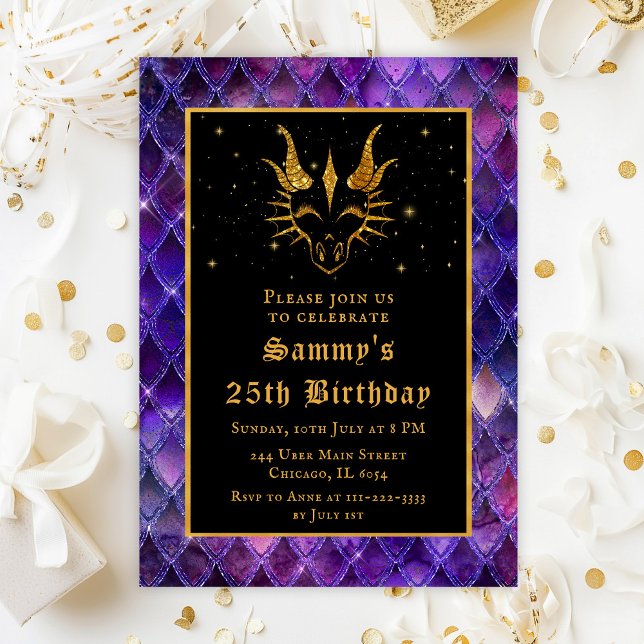 Invitación Purple Dragon Scales Gold Faux Purpurina Cumpleaño (Subido por el creador)