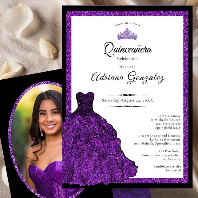 Invitación Purple Dress and Tiara Custom Photo Quinceanera (Subido por el creador)