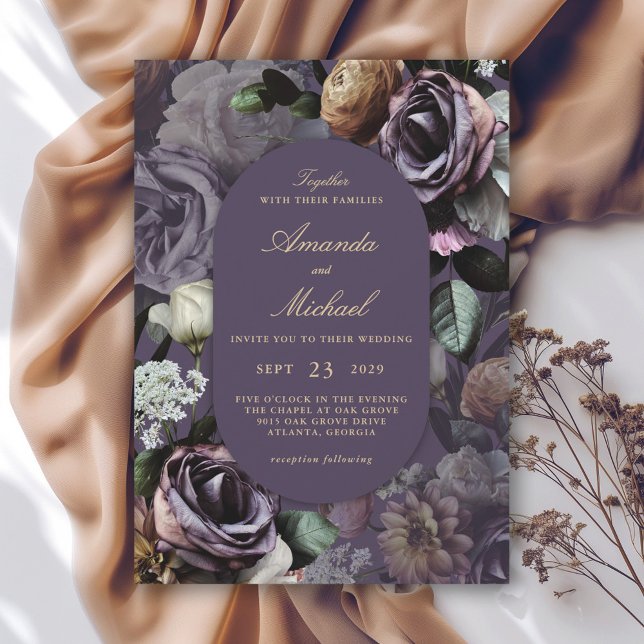 Invitación Purple Elegant Dark Moody Floral Boda (Available in both printed and instant download digital formats.)