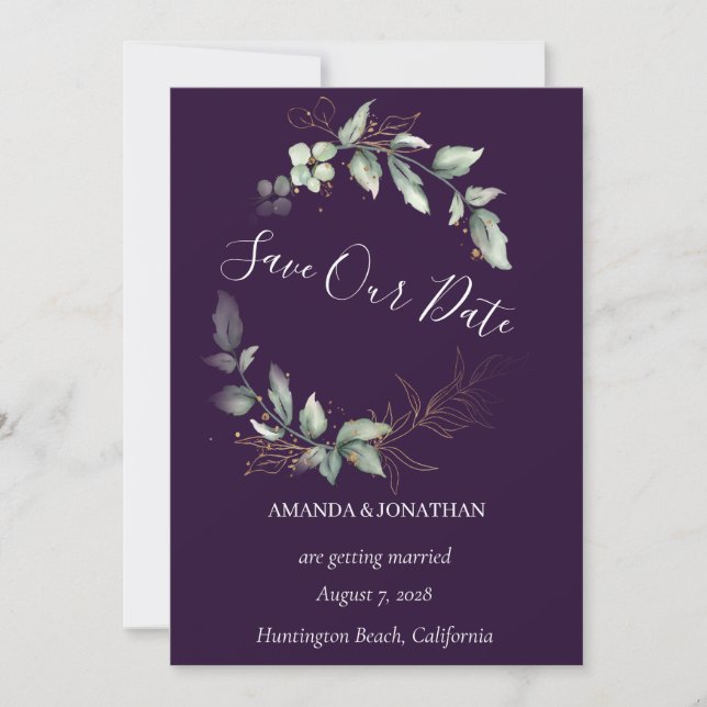 Invitación Purple Elegant Greenery Wedding Save the Date Card (Anverso)