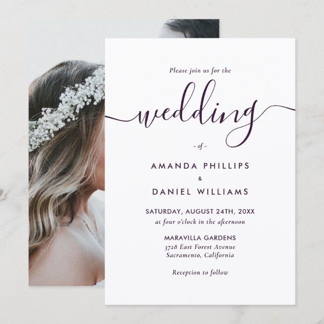 Invitación Purple Elegant Modern Script Photo Wedding (Anverso / Reverso)